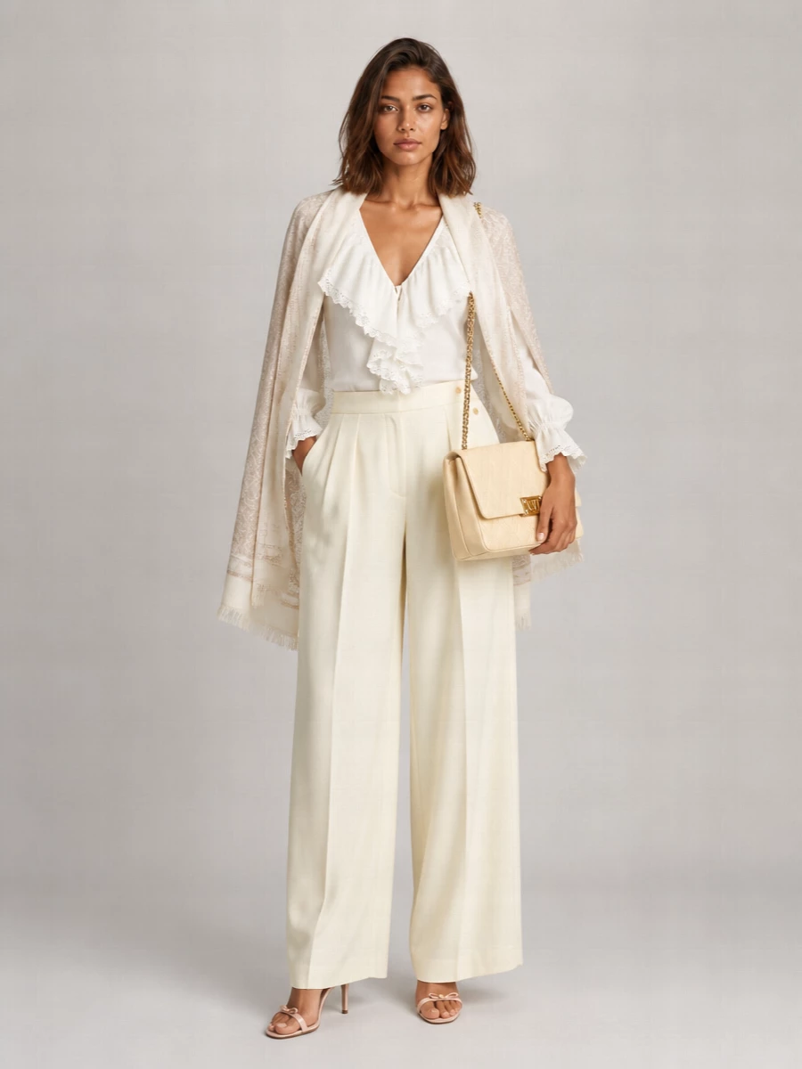 Alberta Ferretti Cotton Poplin Lace Trim V-Neck Blouse