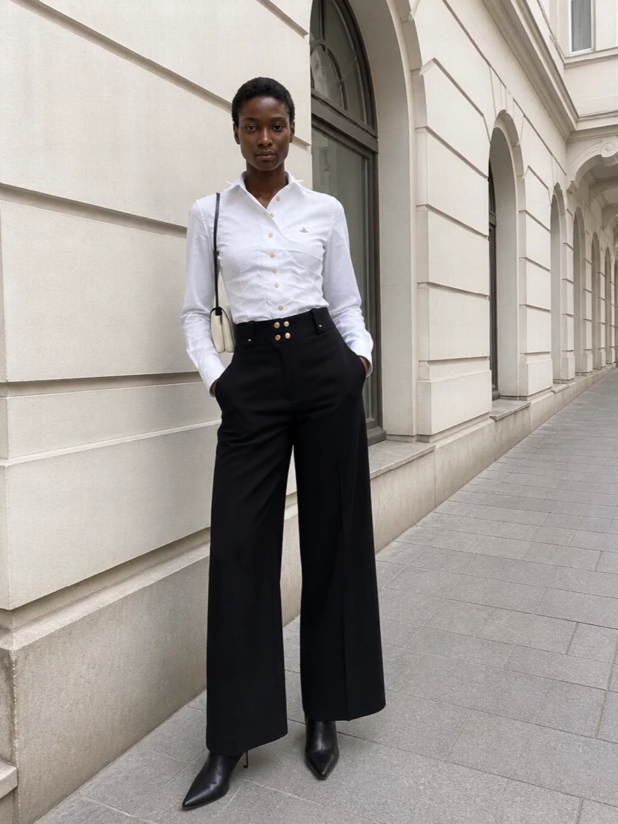 Vivienne Westwood’s asymmetric white shirt is grounded with precise black wide-leg tailoring for a long, sculpted line that feels sharp without shouting. A pointed black ankle boot keeps the proportions sleek, while the cream and black shoulder bag softens the monochrome with a subtle, architectural touch.