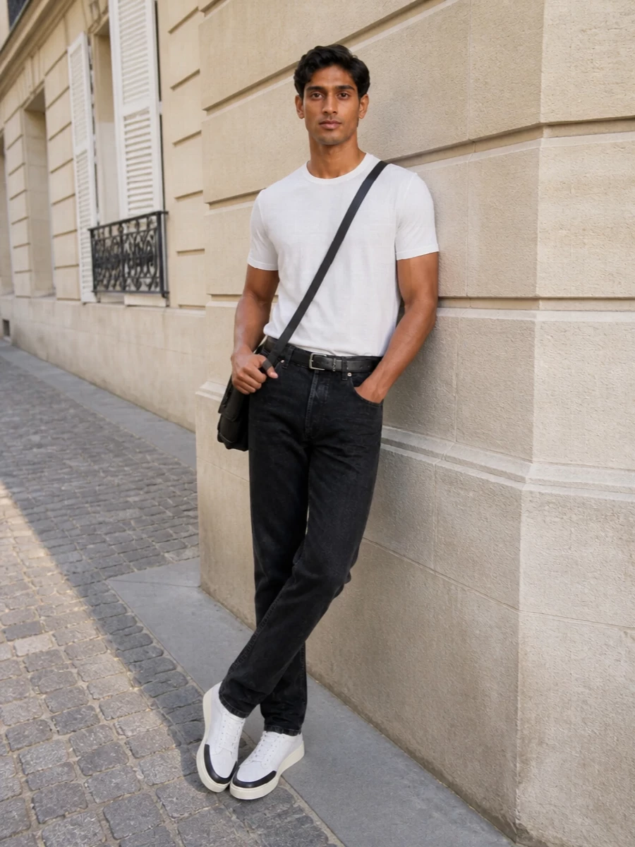 Saint laurent black jeans white tee sneakers
