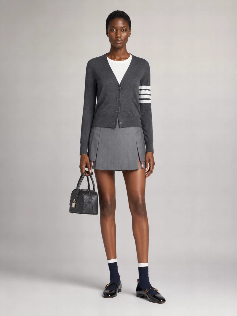 Thom Browne Wool Fine-Knit V-Neck Long-Sleeve Cardigan