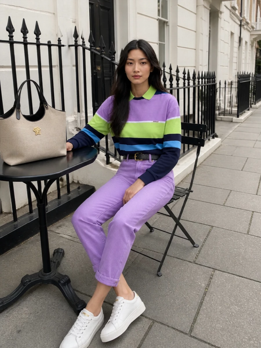 Versace striped polo lilac jeans white sneakers