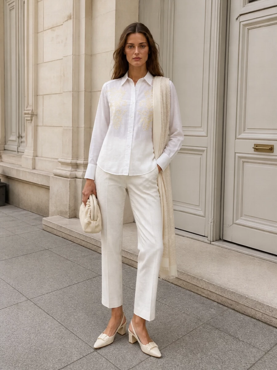 Ermanno firenze embroidered shirt ivory trousers