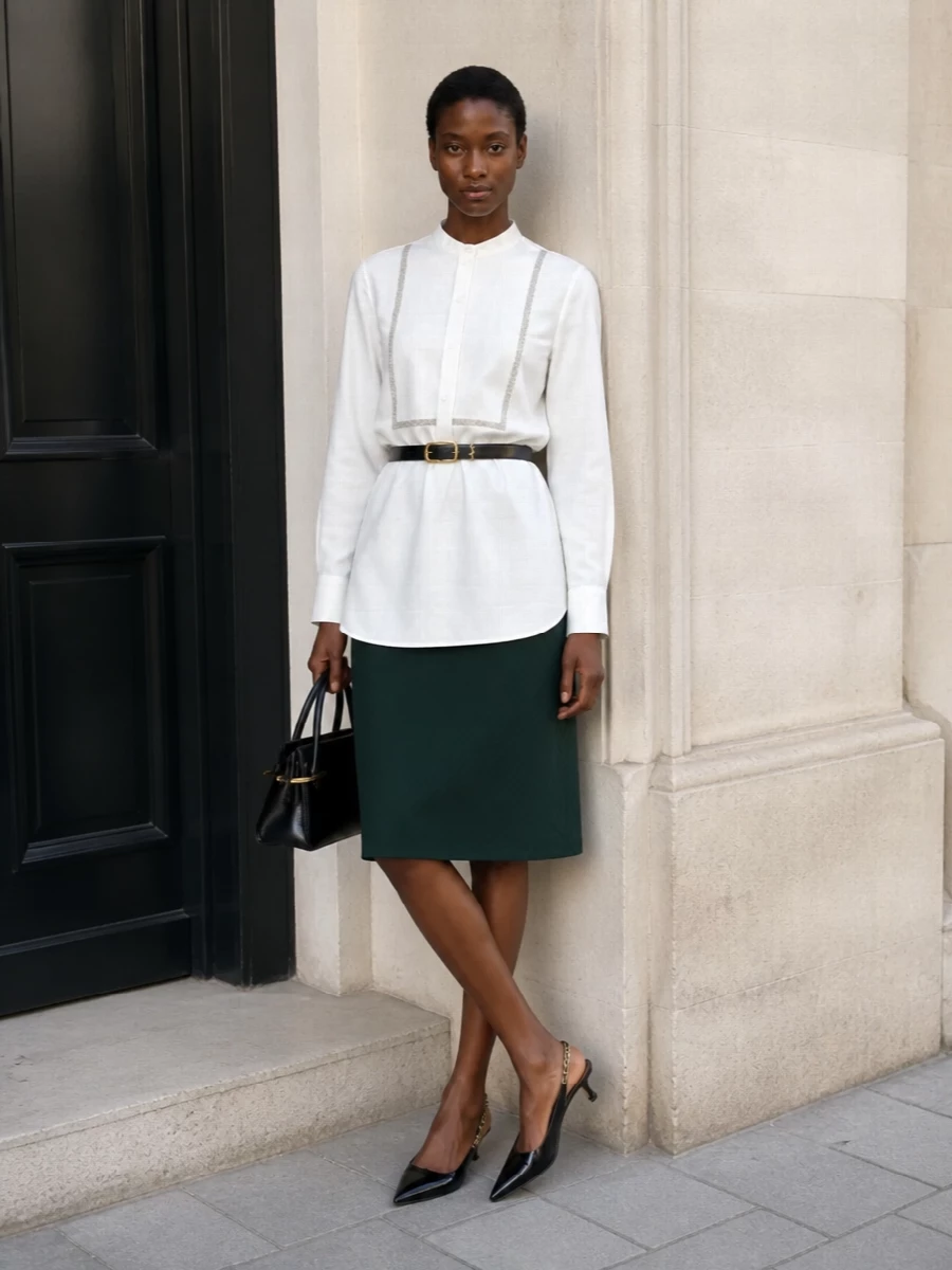 Gucci green skirt ivory tunic evening outfit