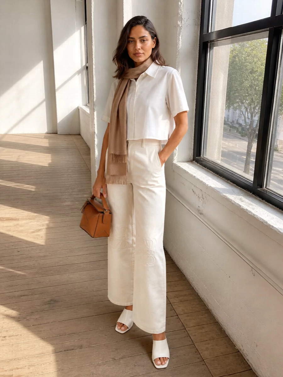 Loewe ivory shirt wide leg jeans tan puzzle bag