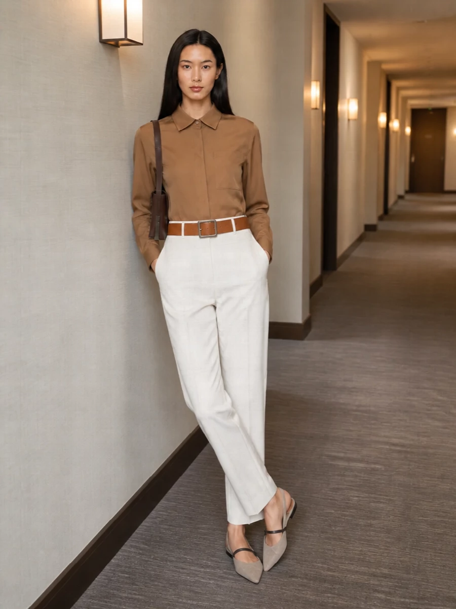 Camel and optic white are handled with precision, so the longline shirt reads intentional against the sharp, high-waisted trouser. The pointed mule keeps everything grounded yet refined, while the chocolate shoulder bag and optional tan belt introduce just enough depth to keep the palette rich rather than flat. It is a quiet, boardroom-ready uniform that still feels easy for long city days and late dinners.