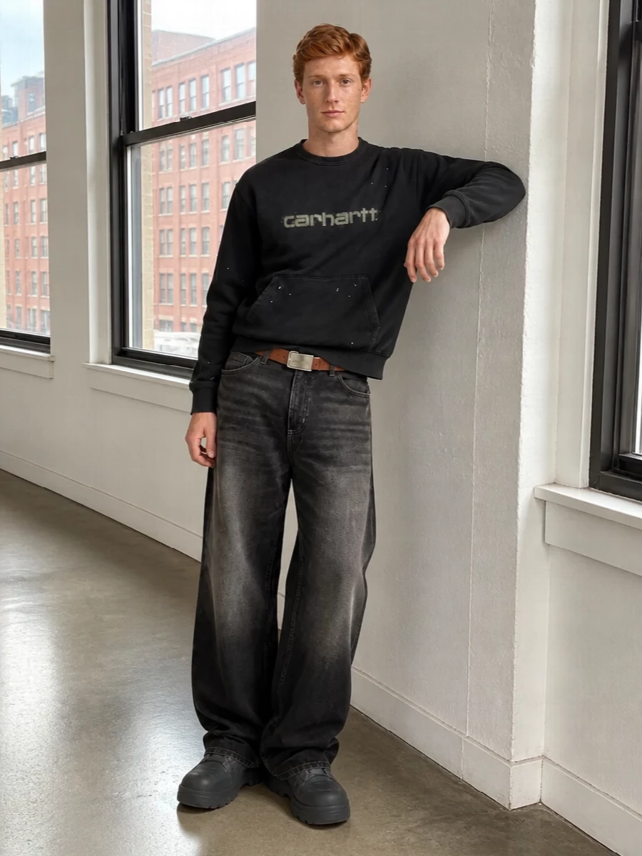 Carhartt wide leg jeans washed black sweatshirt