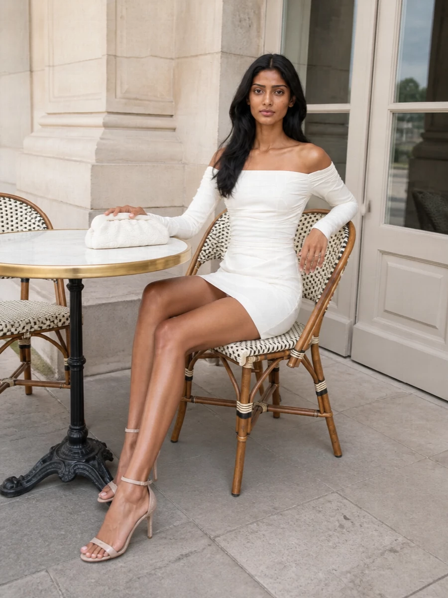 Rotate ivory off shoulder dress nude heels