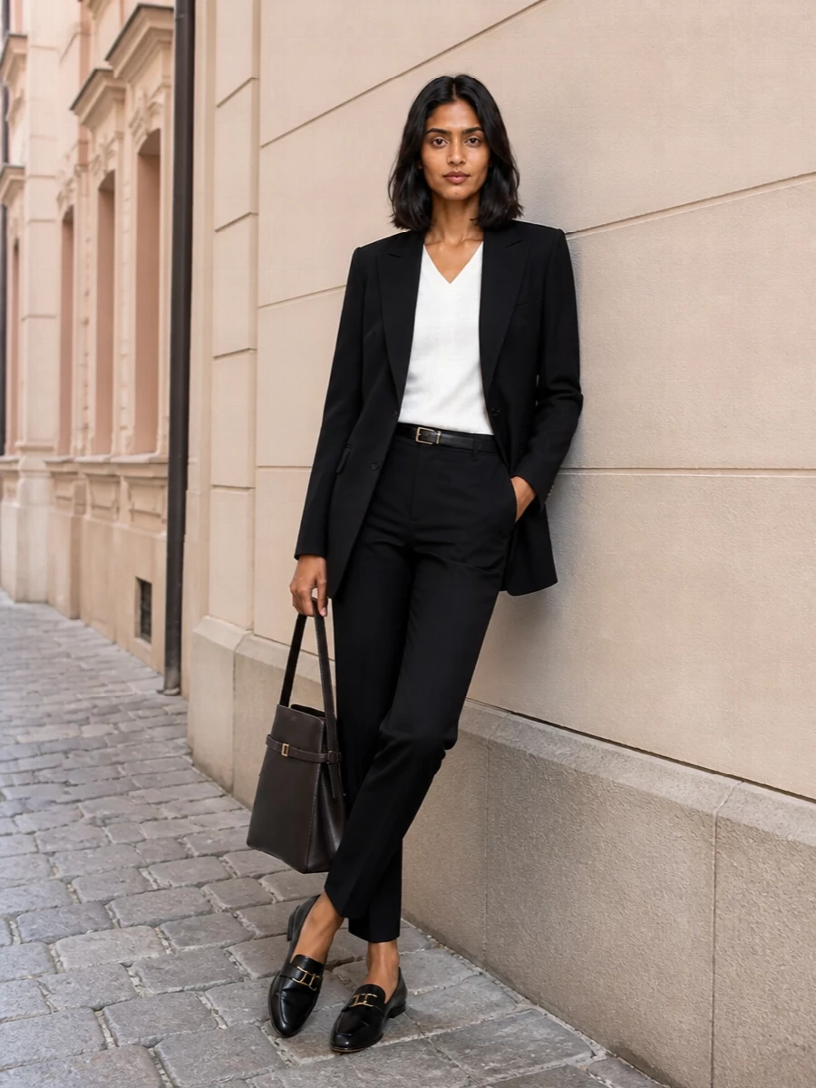 A long black blazer and slim tailored trouser form a clean, elongated line that feels quietly assertive from client meetings to late dinners. The pointed black loafer keeps the mood sharp yet walkable, while the espresso shoulder bag and slim belt add just enough contrast and hardware to signal intention without noise.