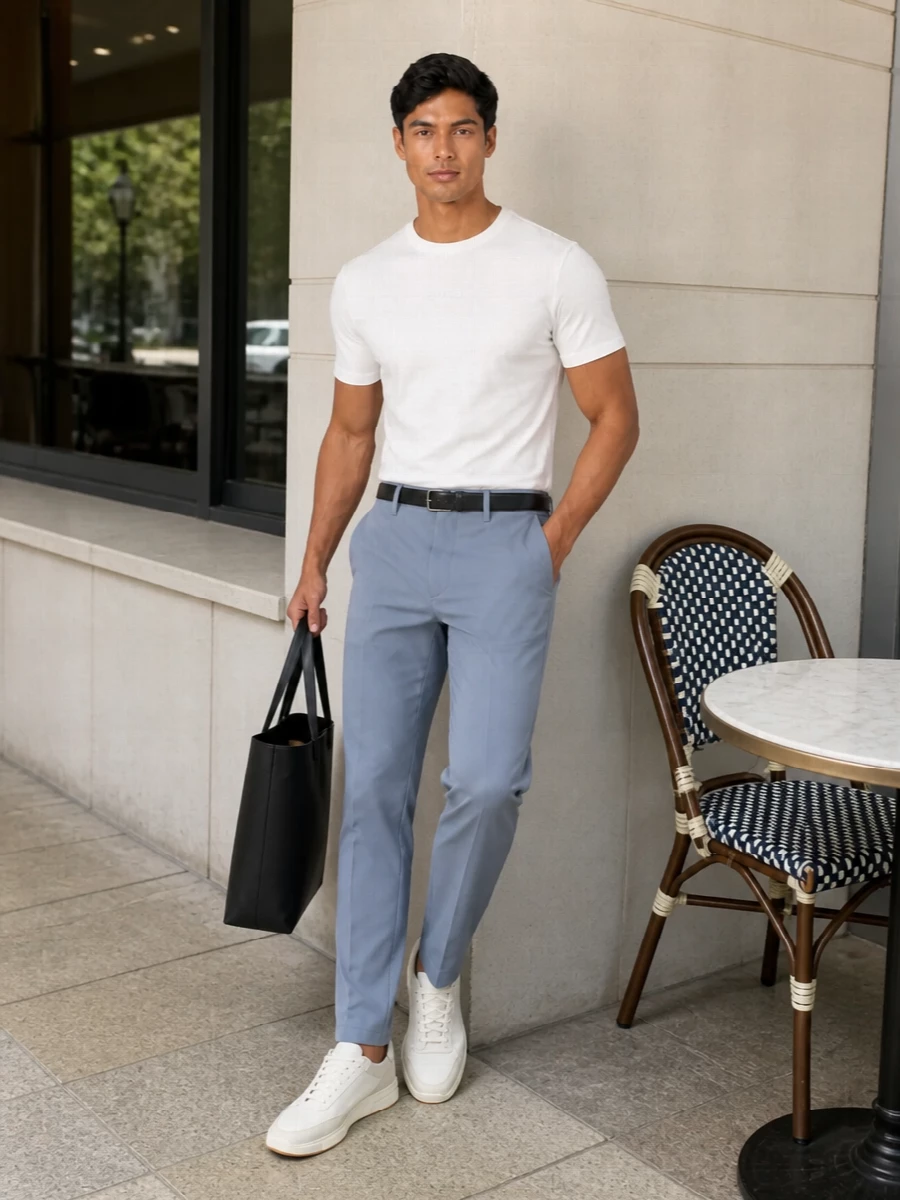 Boss white tee slate trousers cream sneakers