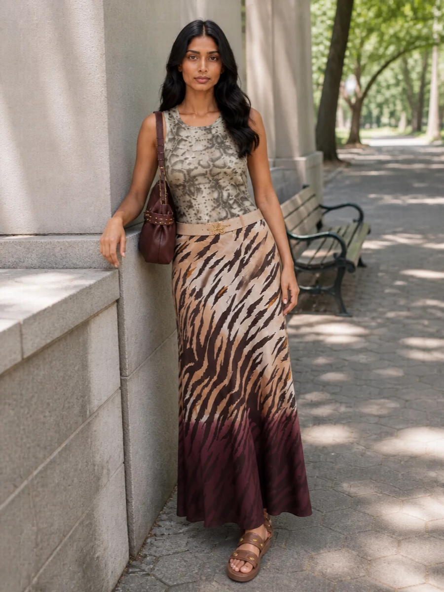 Pinko animal print maxi skirt burgundy bag outfit