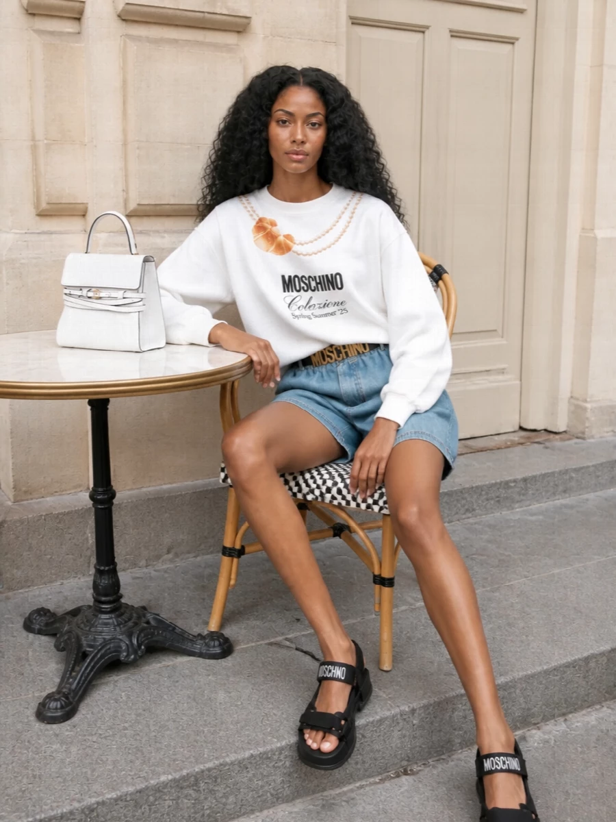 Moschino sweatshirt denim shorts streetwear outfit