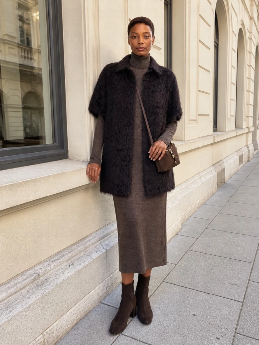 Alysi faux fur coat mocha knit dress outfit