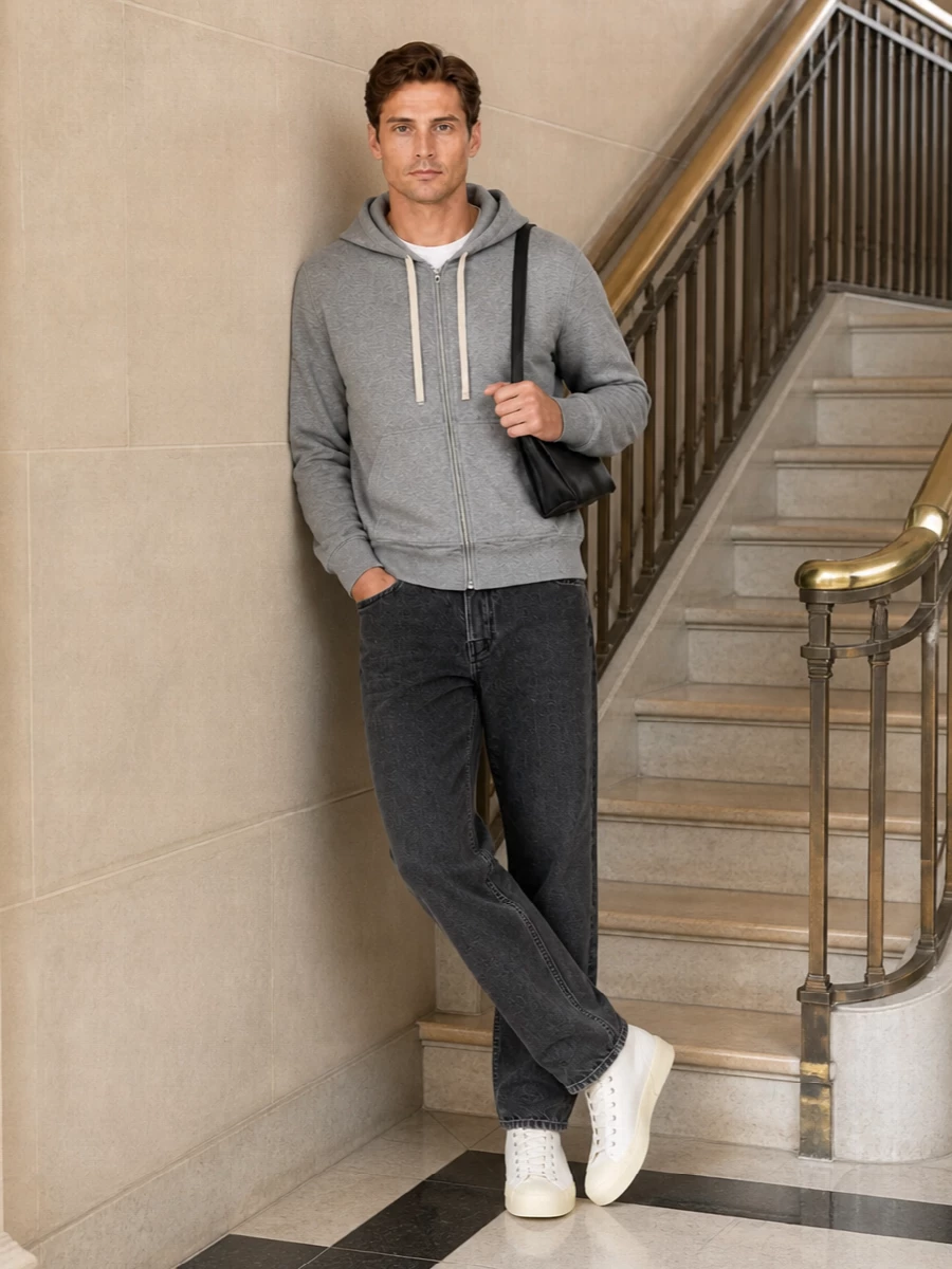 Jil sander grey hoodie charcoal jeans outfit