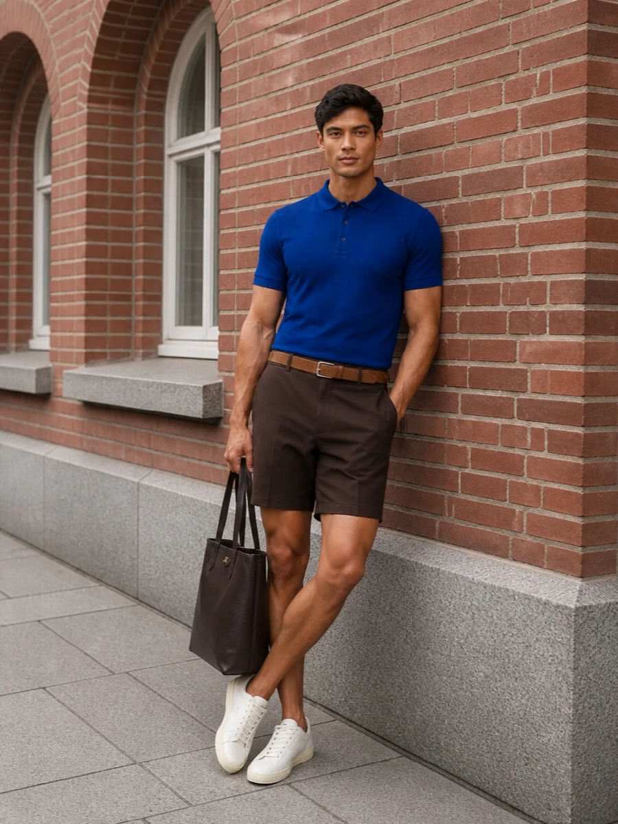 Tom ford cobalt polo brown tailored shorts outfit