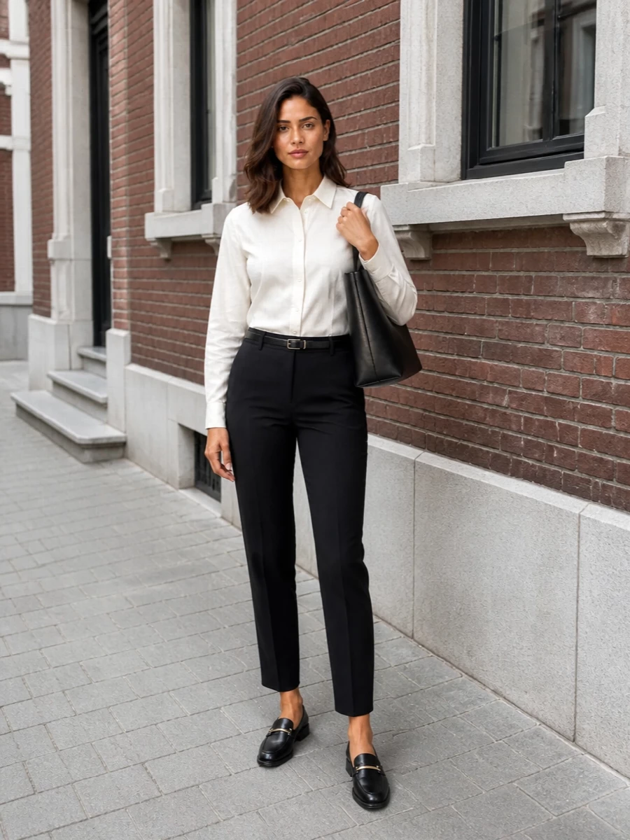 Ivory shirting against sharply pressed black wool creates a clear, confident base that feels right for serious days and dinner after. A low-heeled black loafer and structured black tote keep the message precise, not fussy. The slim belt simply sharpens the waist so the tapered leg reads long and deliberate.