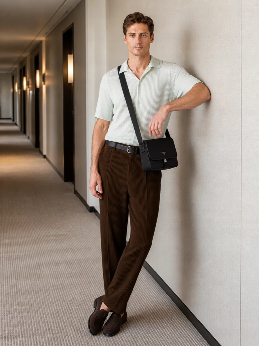 Homme plisse brown trouser sage shirt prada loafers