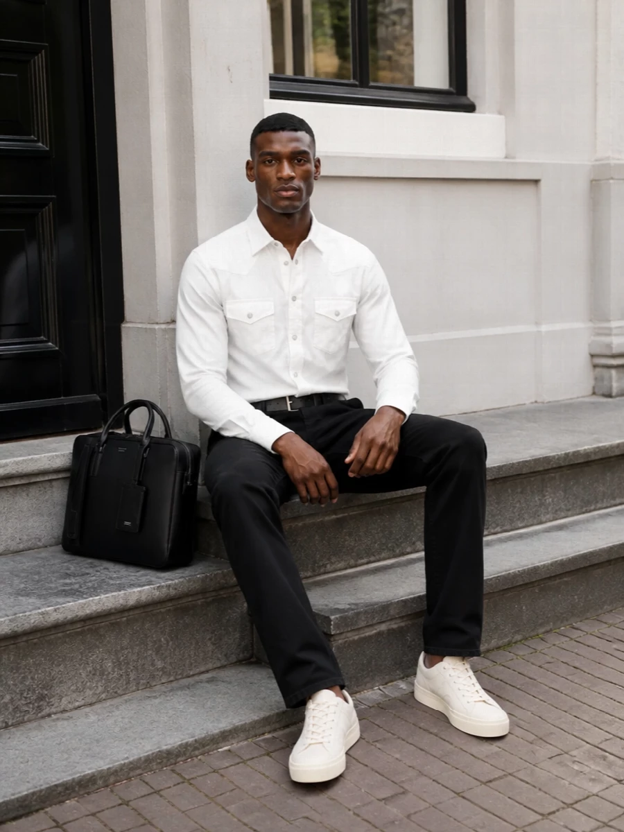 Tom ford white shirt black jeans ivory sneakers