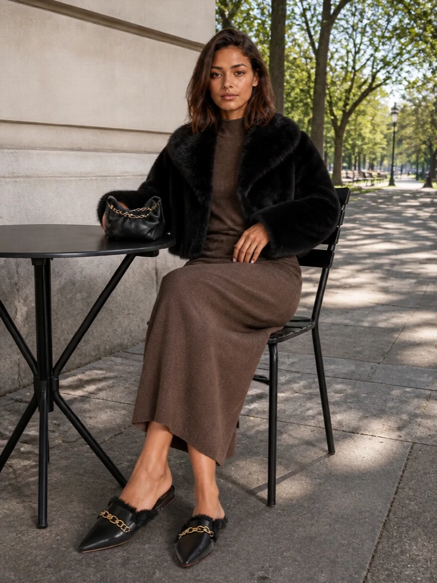 I am anchoring this with the Max Mara mocha knit midi rather than separates, so the cropped black faux-fur coat can sit over a long, uninterrupted column for true quiet luxury. Black accessories with considered gold hardware keep everything tonal and restrained while still party-ready for winter dinners or low-light drinks. The result is plush and warm, but the silhouette stays lean and architectural so the faux fur reads refined rather than costume.
