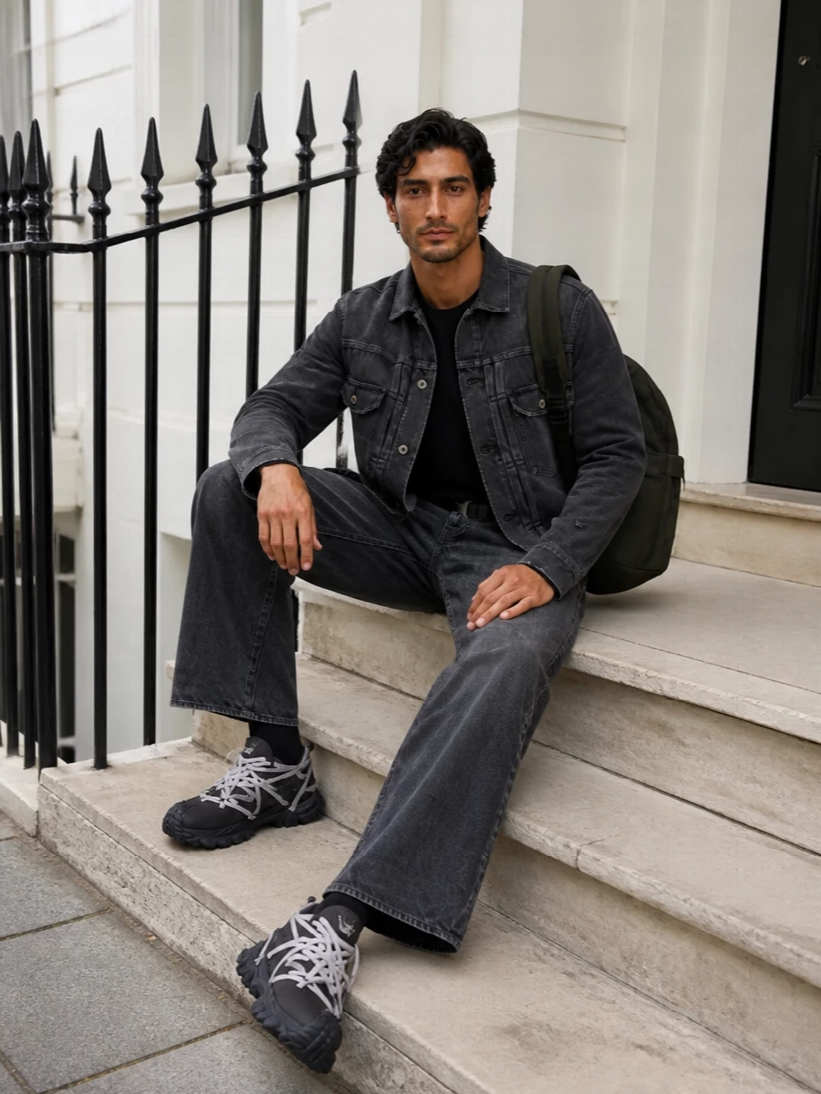 Sacai cropped denim jacket wide jeans outfit