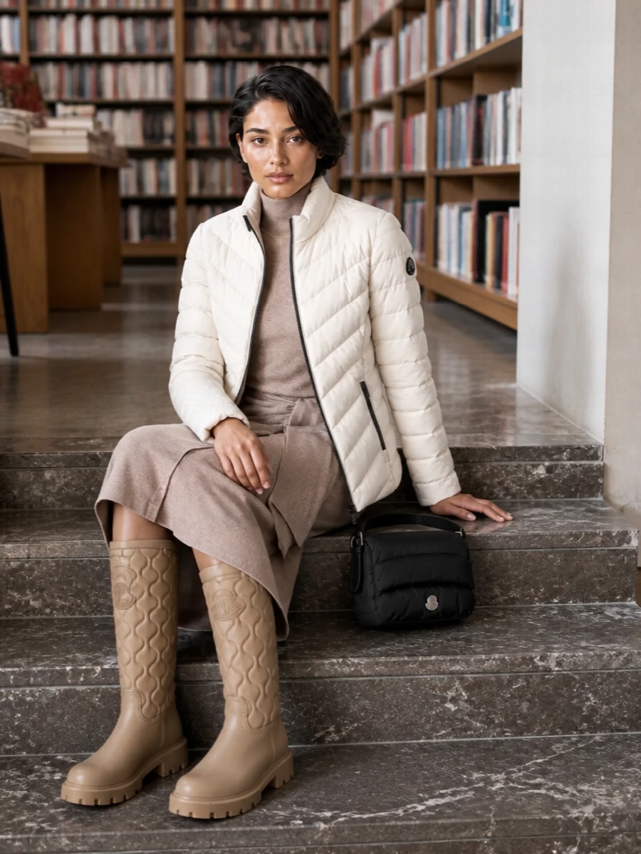 Max mara knit dress moncler quilted boots outfit