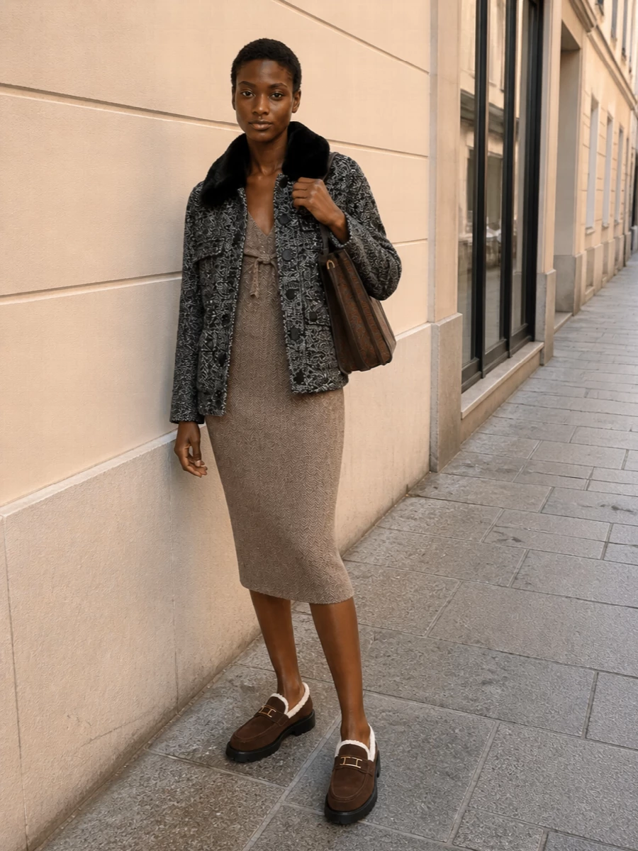 Ermanno firenze tweed jacket herringbone dress outfit
