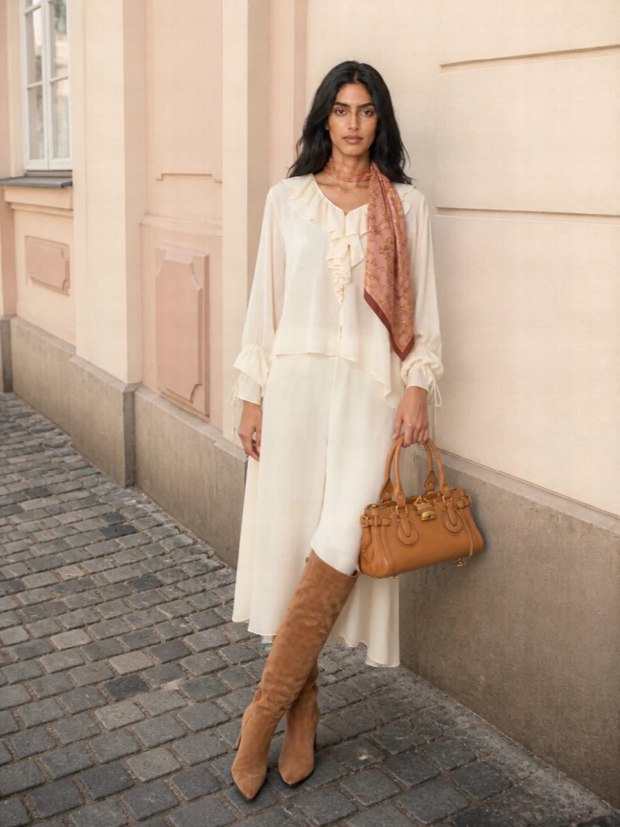 Chloe ruffle blouse ivory wide leg trousers outfit