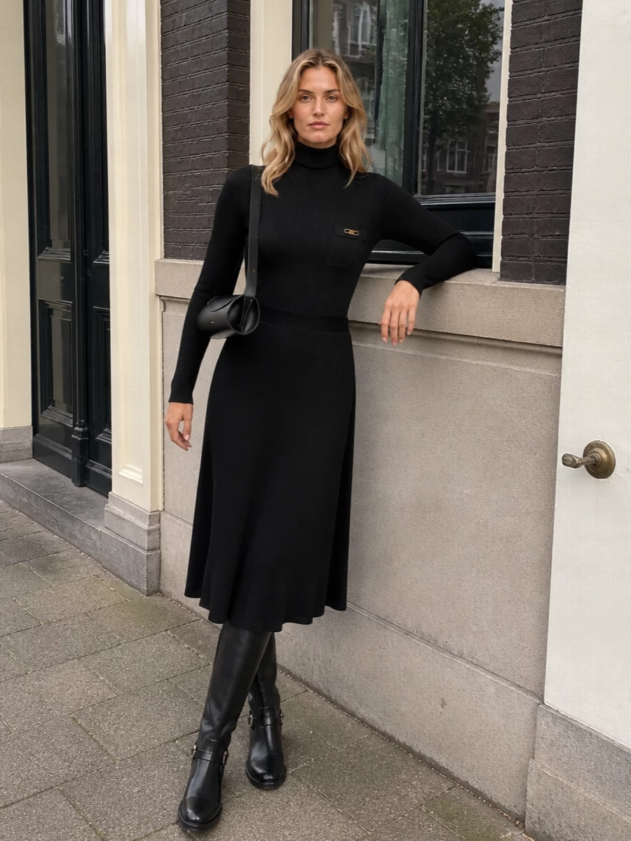 A single black ribbed column paired with pared-back knee boots keeps the silhouette long, clean and quietly commanding. The sculptural shoulder bag slots into that vertical line, adding a discreet architectural note without breaking the monochrome flow. Choosing the dress path here is more coherent than separates, echoing the bag’s purity and keeping the whole outfit to one precise gesture of black.