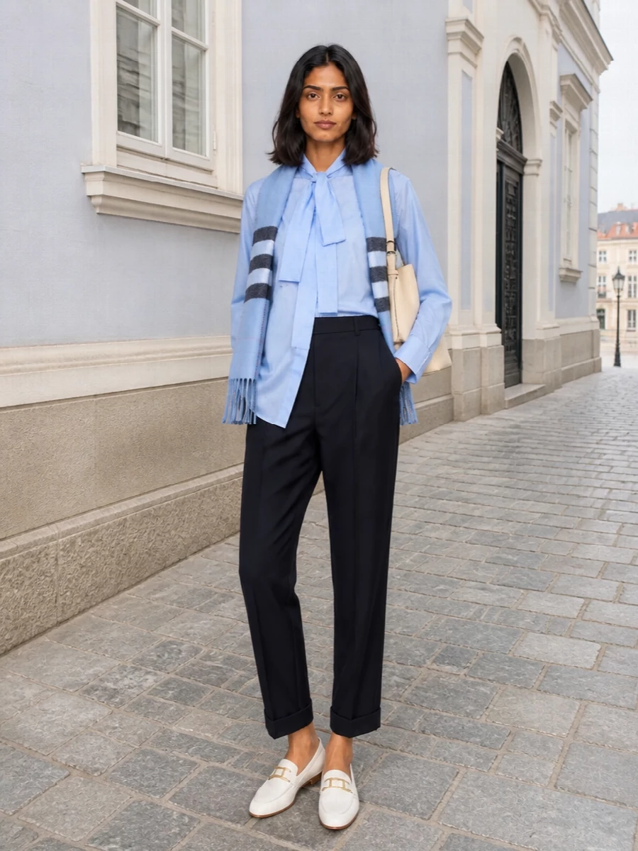 Pale blue shirt navy tailored trousers outfit