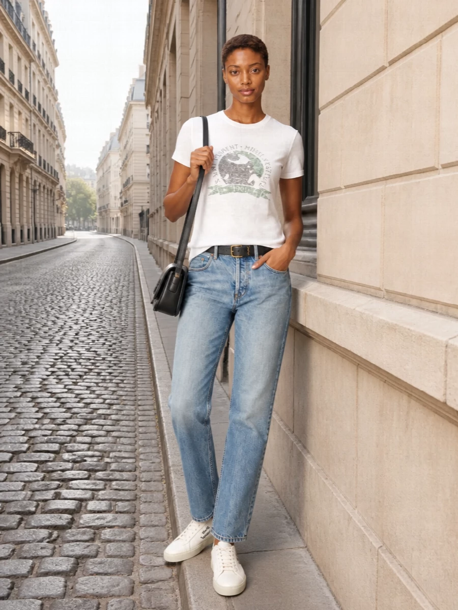 Saint laurent graphic tee light wash jeans outfit