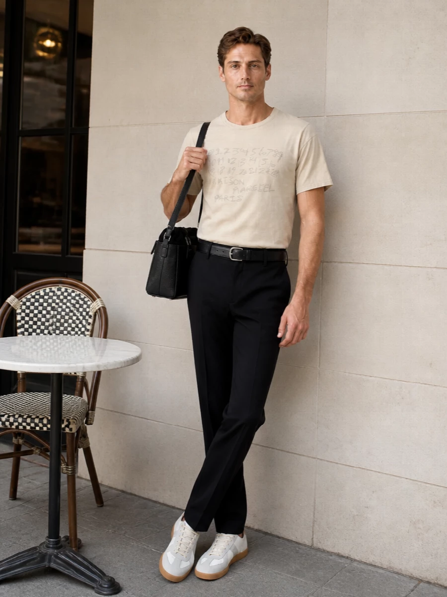 Maison margiela beige tee black trousers outfit