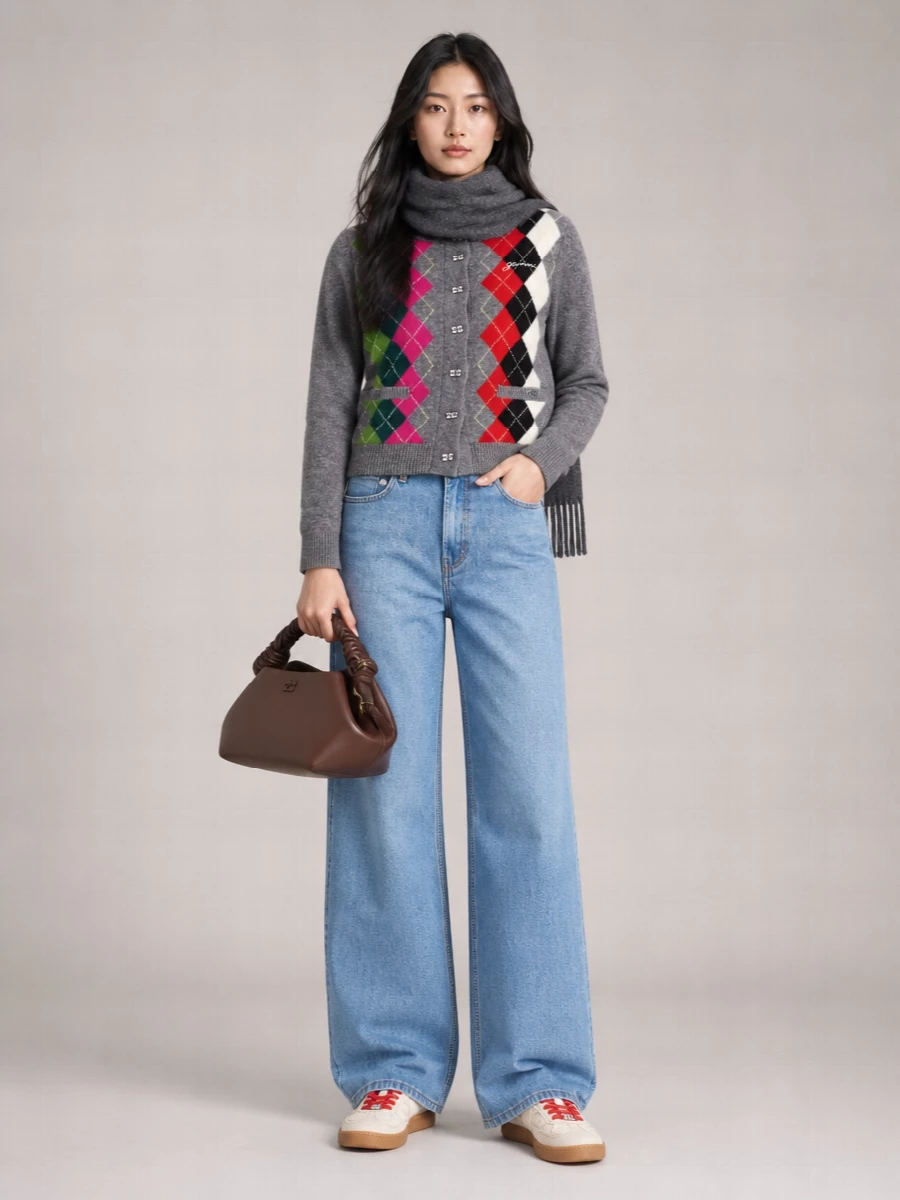 Ganni Cashmere Wool Checked Ribbed Round Neck Cardigan