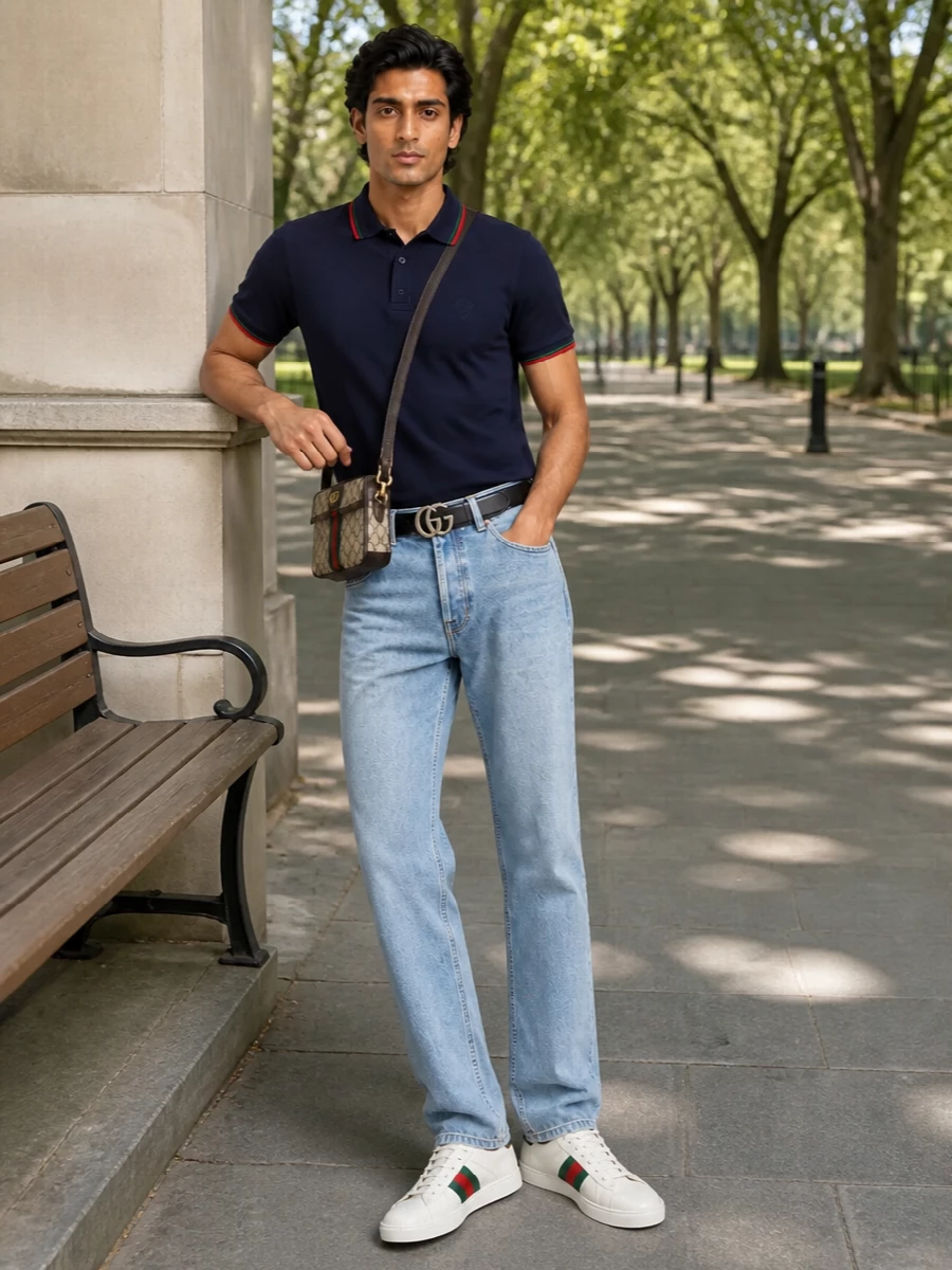 Gucci navy polo light wash jeans sneakers