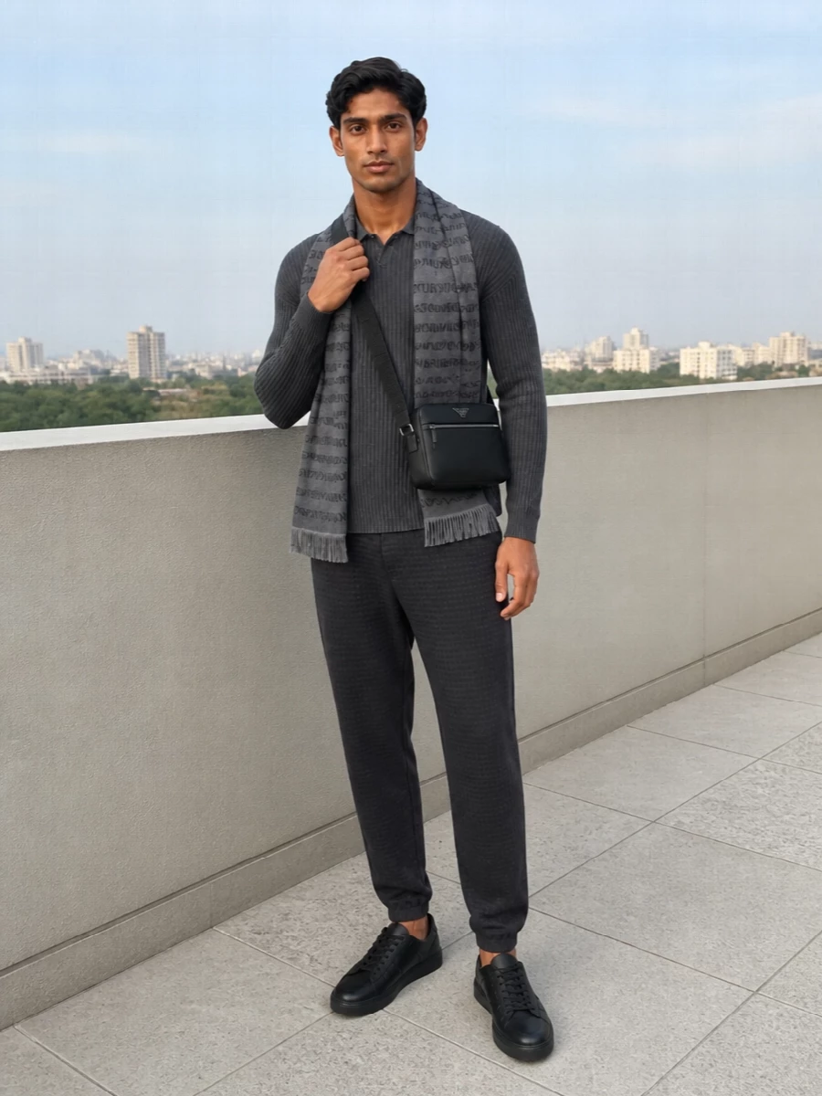 Emporio armani charcoal joggers ribbed polo outfit