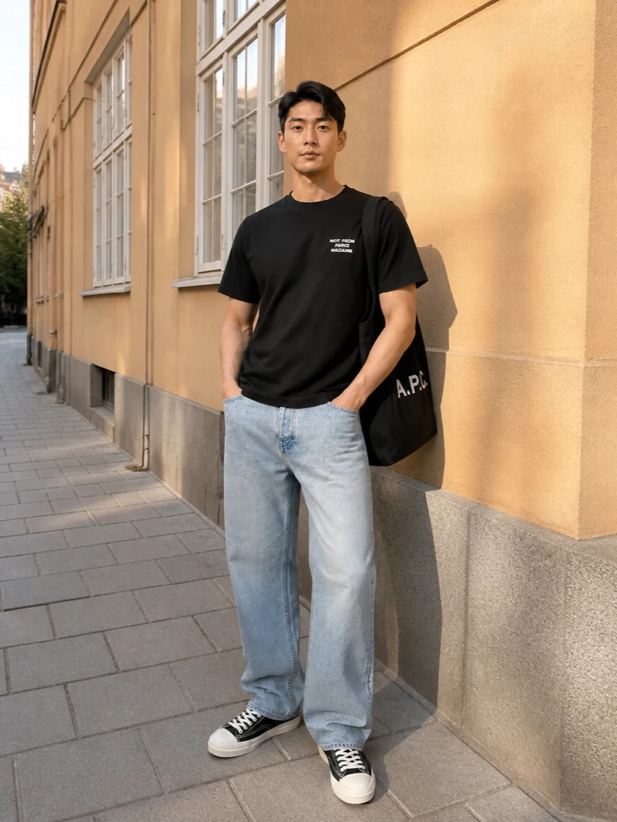 A black slogan tee sits over relaxed light stonewash denim for a clean, easy streetwear uniform. Black and off-white sneakers and socks tighten the palette, while the A.P.C. tote brings just enough graphic utility for city days. The result feels laid back but considered, all about simple lines and subtle logo hits.