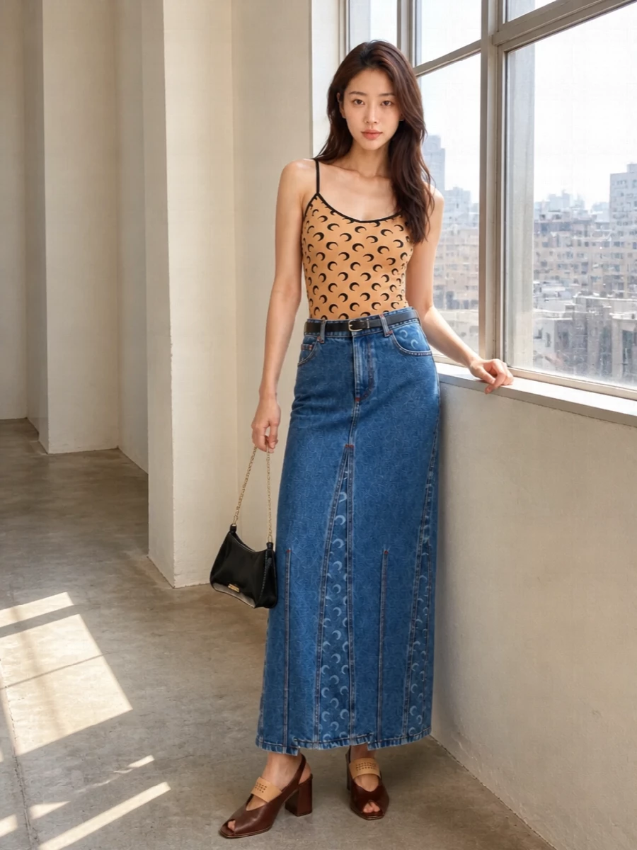 Marine serre moon cami denim maxi outfit