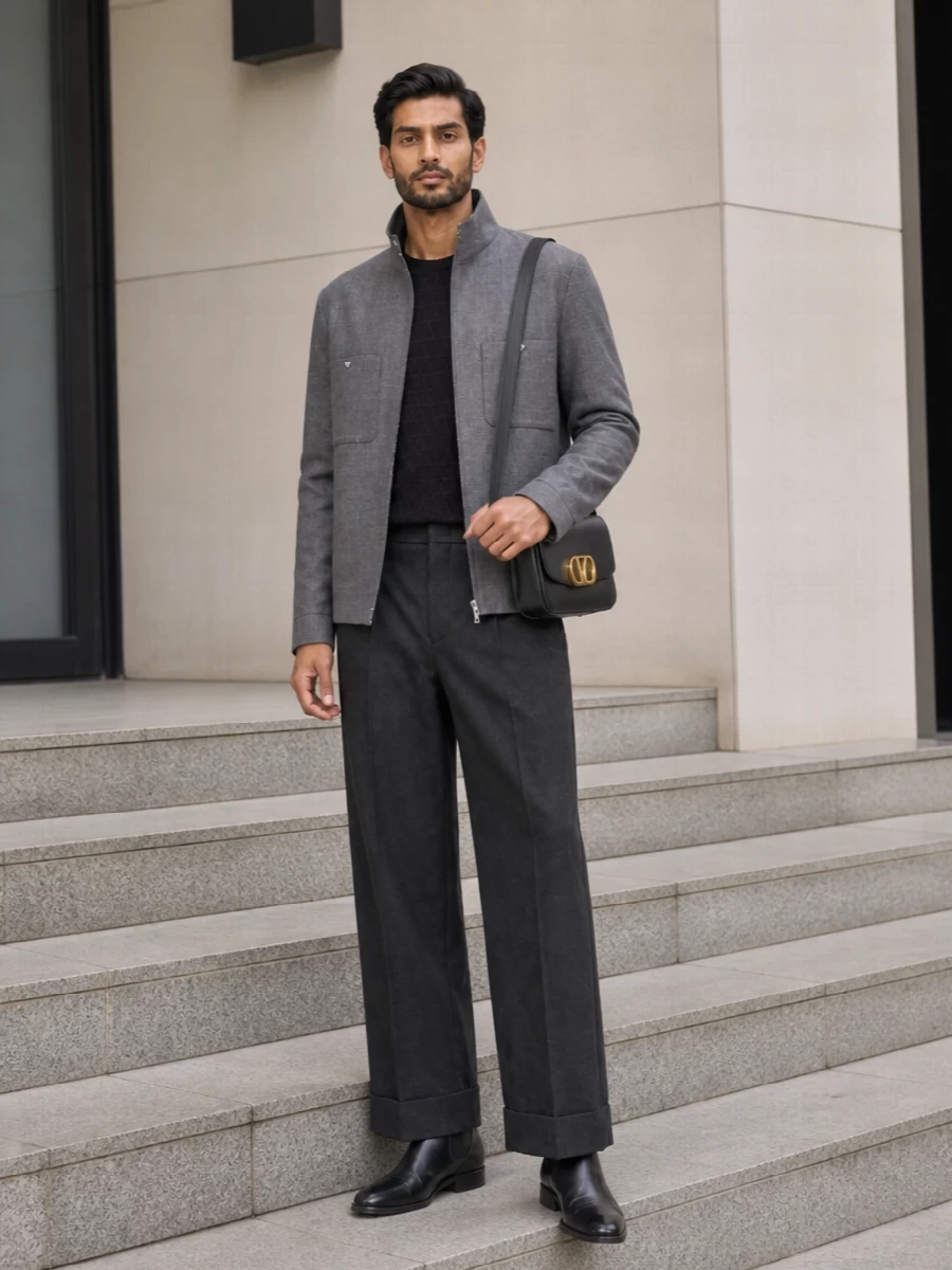 Valentino grey coat wide leg charcoal trousers