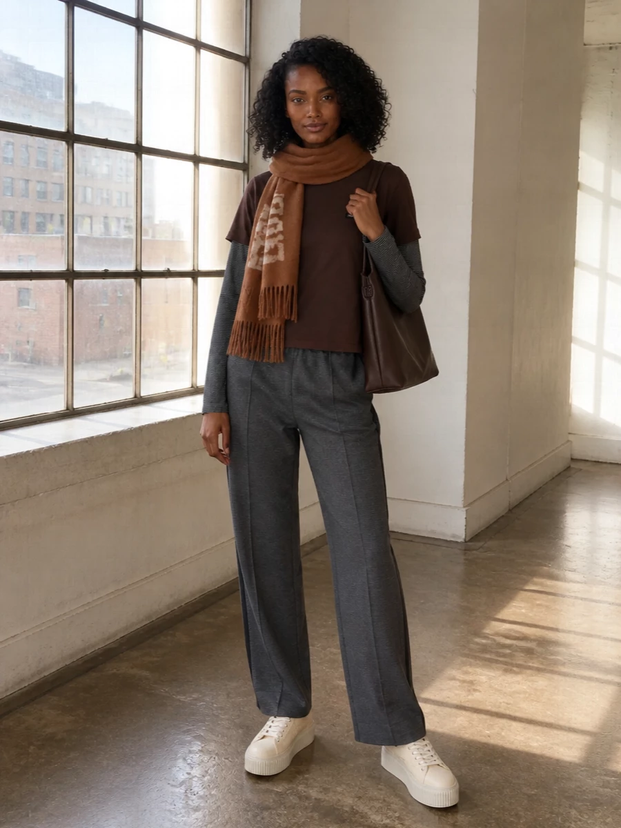 Miu miu brown tee charcoal track pants outfit