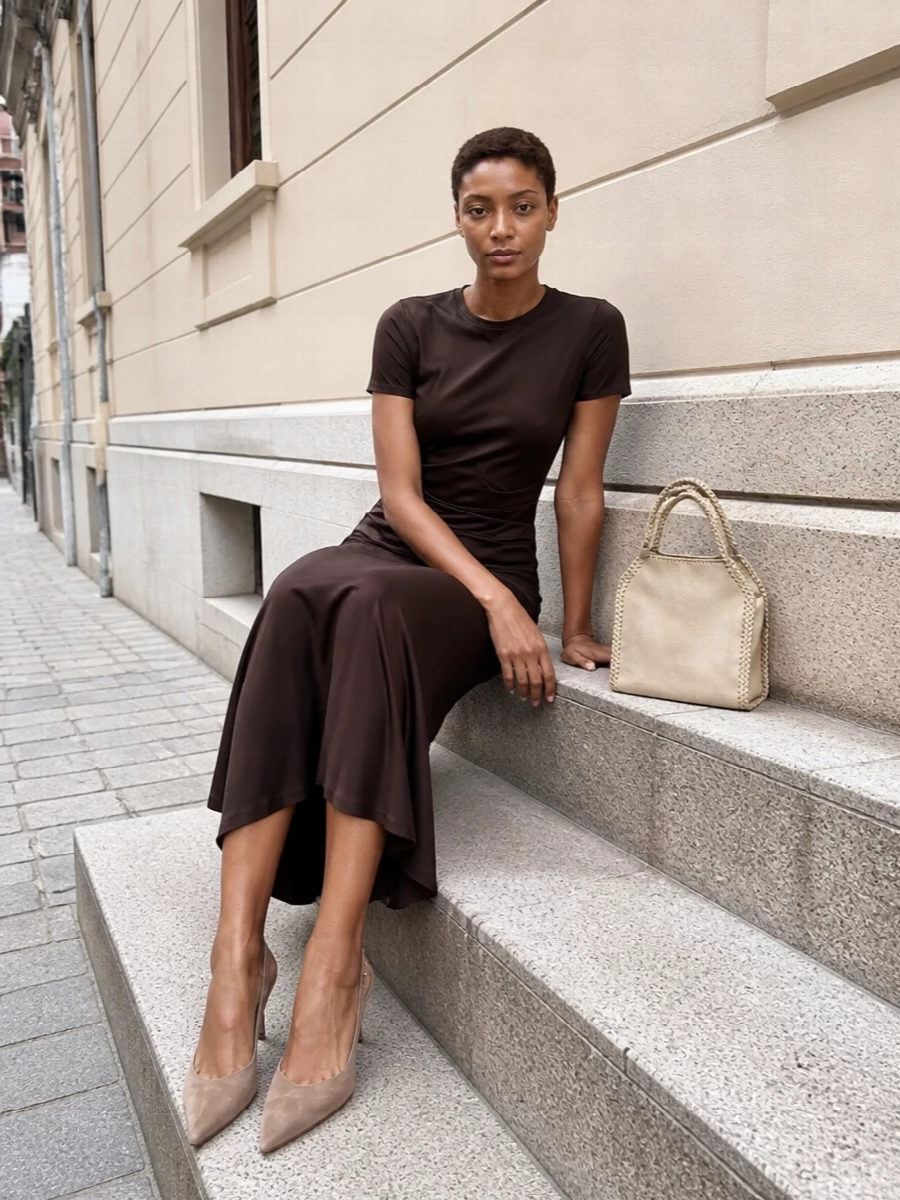 I’m anchoring this around the dress rather than separates so the bag can sit against a single, uninterrupted column of chocolate, reading cleaner and more intentional. The ruched Staud midi and suede Gianvito Rossi slingbacks create a quietly sensual, elongated line, while the warm neutrals play beautifully off the tote’s champagne sheen. It feels right for intimate dinners or gallery evenings where you want depth in the palette but softness in the silhouette.