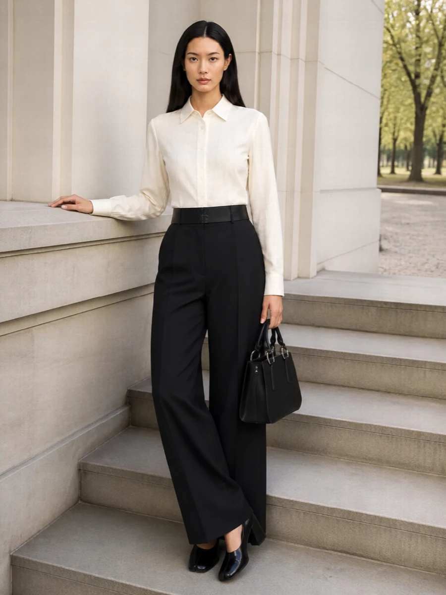 Mm6 ivory shirt black wide leg trousers
