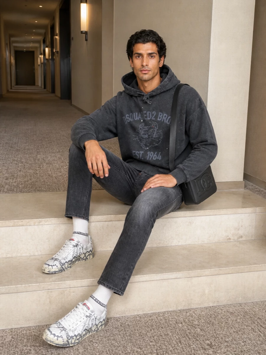 Dsquared2 charcoal hoodie denim sneaker outfit