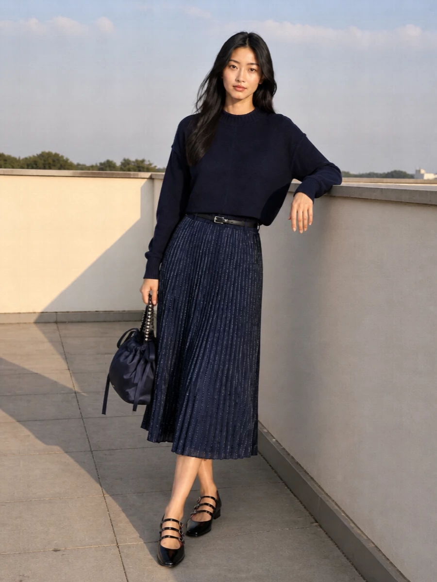 Max mara navy pleated midi skirt mary janes