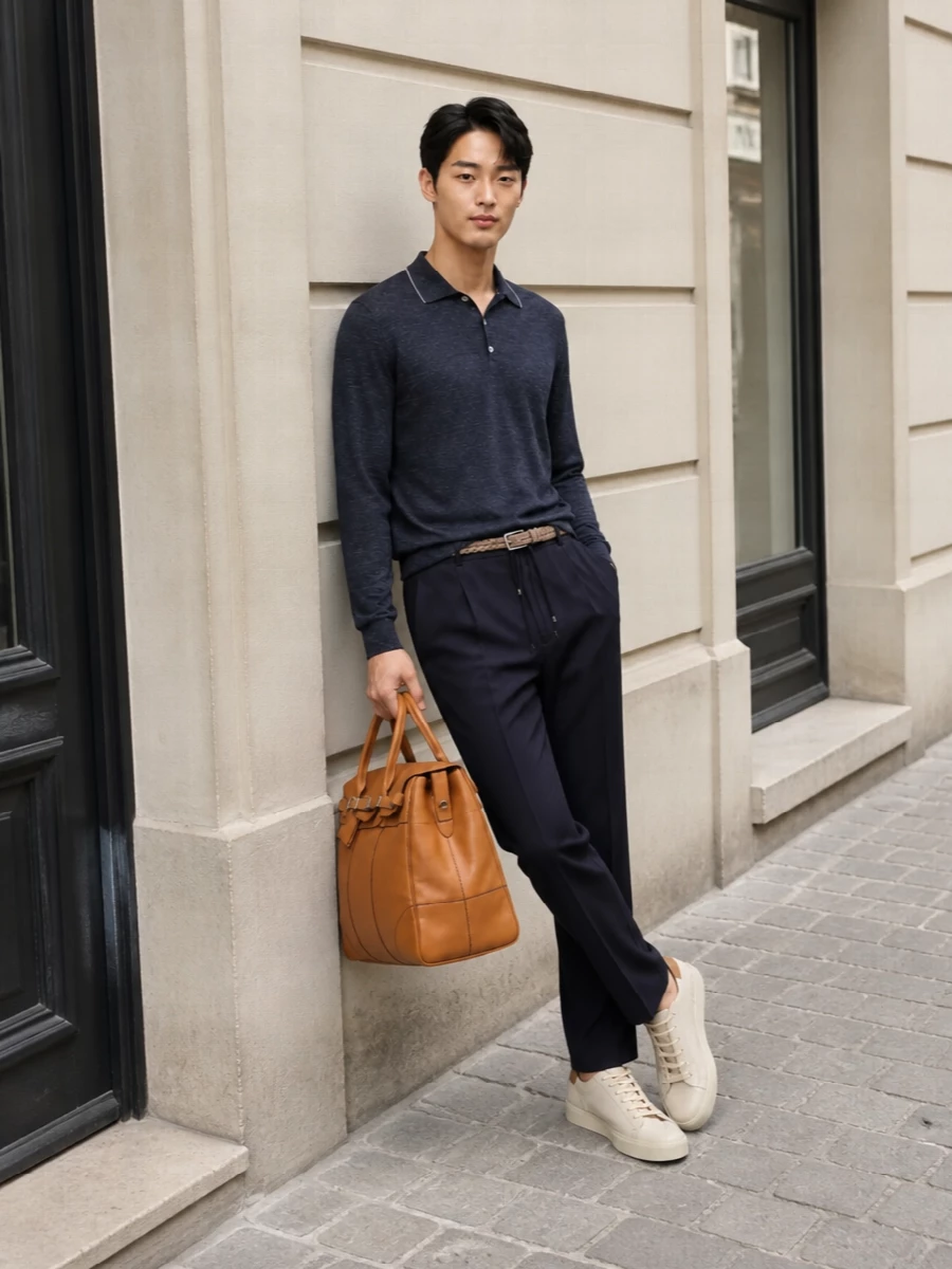 Navy polo drawstring trousers minimalist outfit