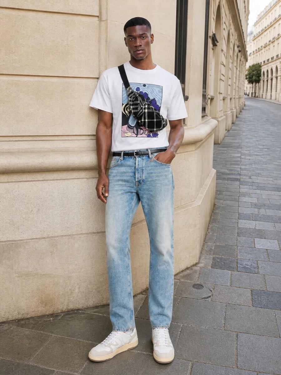 A crisp graphic tee meets pale Lanvin denim for a laid-back, gallery-ready take on off duty dressing. Soft white and blue tones stay light for warm days, while creamy paneled sneakers and a monochrome crossbody keep the palette tight and the finish quietly polished. The slim black belt adds just enough structure so the relaxed proportions feel intentional rather than casual.