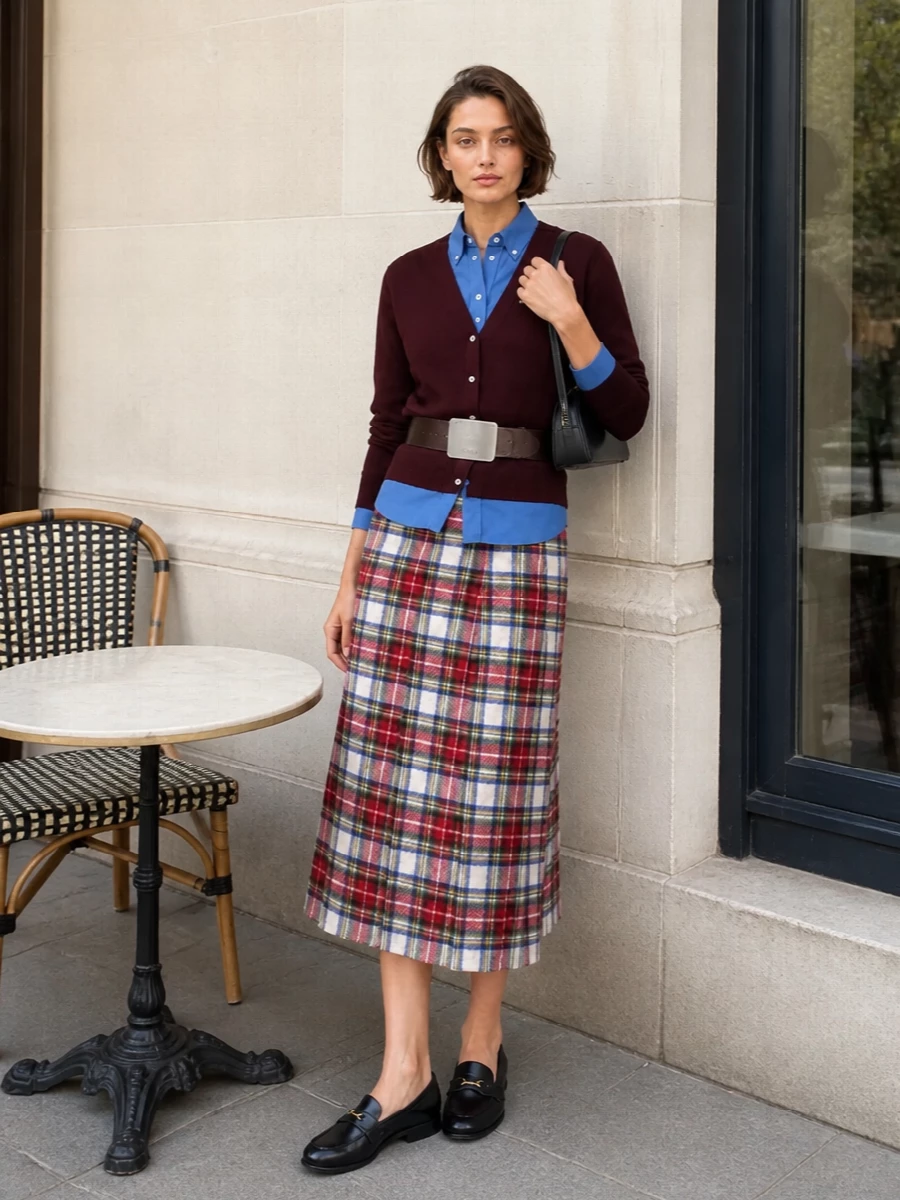Miu miu layered shirt kilt skirt outfit