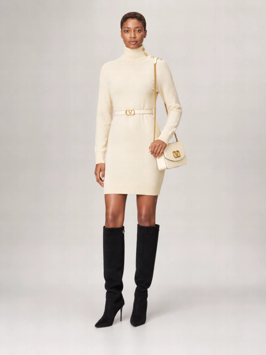Balmain Cashmere Wool High-Neck Long-Sleeve Midi Dress