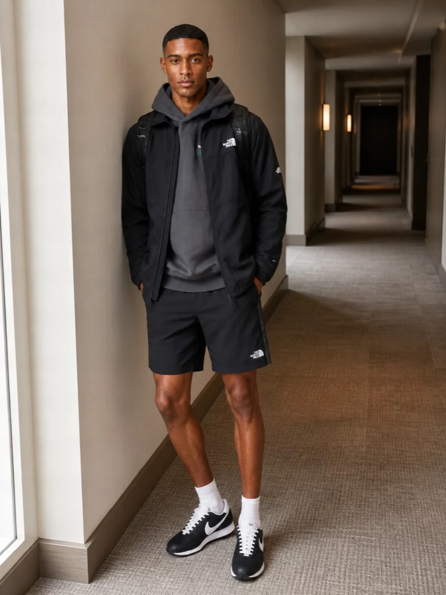 North face black shell nike runner outfit
