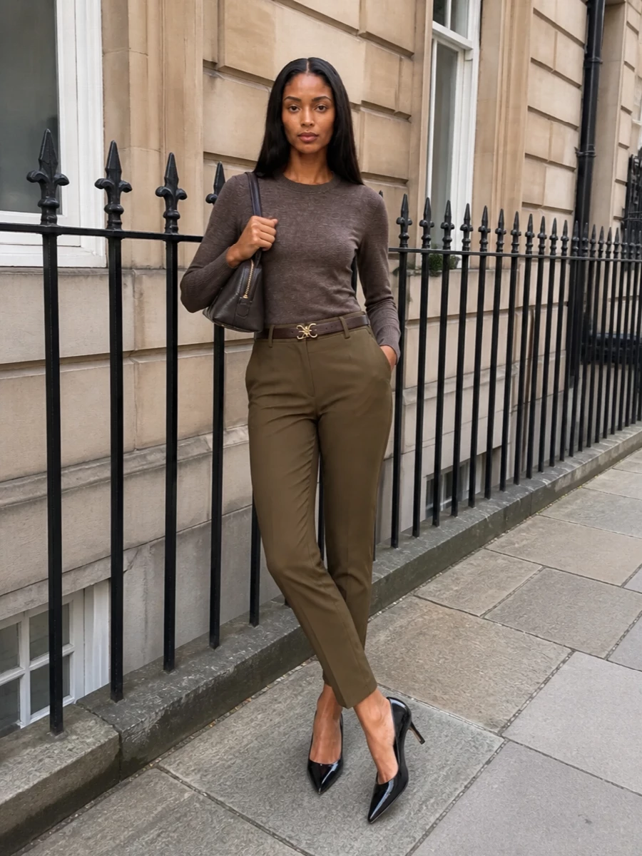 Pinko olive trouser outfit with pumps