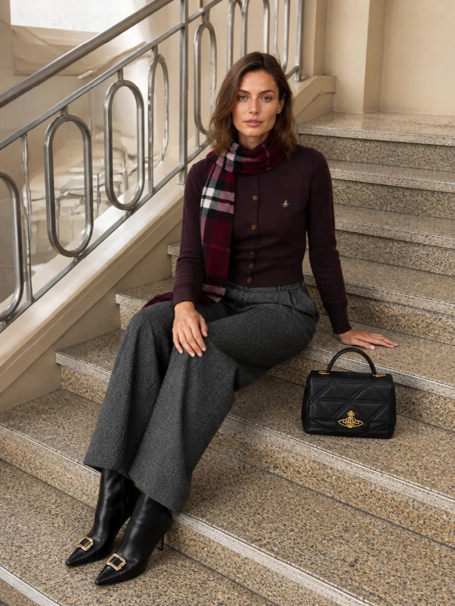 Vivienne westwood cardigan herringbone trousers outfit