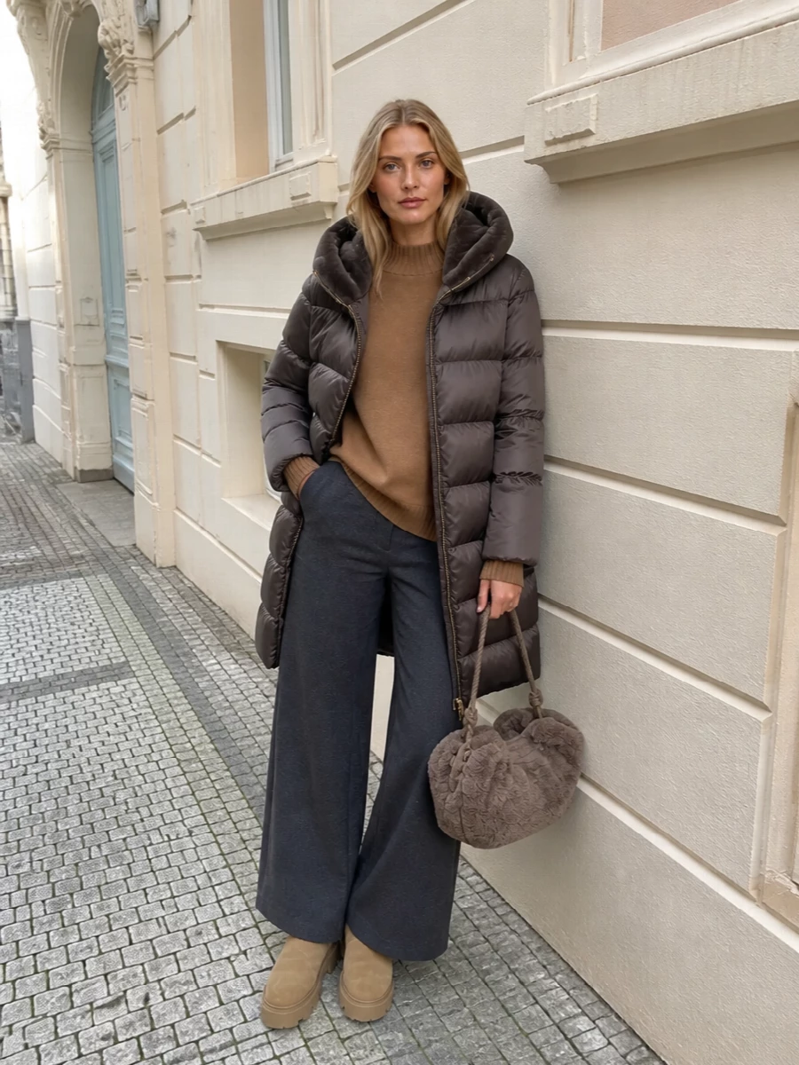 Herno puffer wide leg trousers shearling boots