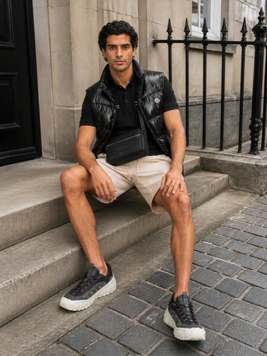 This look leans into Moncler’s alpine tech with a glossy black gilet over a pared-back black polo, grounded by pale beige deck shorts for a light SS contrast. Technical trail-inspired runners and a slim Givenchy crossbody keep the mood urban, functional and quietly luxurious—ideal for city-to-weekend transitions in transitional weather.